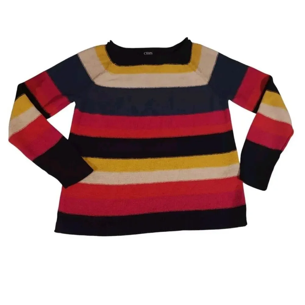 Chaps Sweater, Women's Size Medium Navy Blue Pink Yellow, Striped Bold